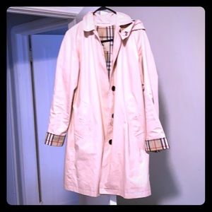 Pink Burberry Raincoat with hood.